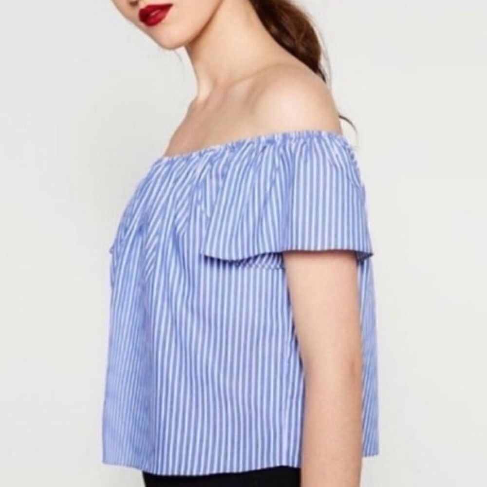 EUC Zara Blue Striped Off Shoulder Top Small - Picture 2 of 8